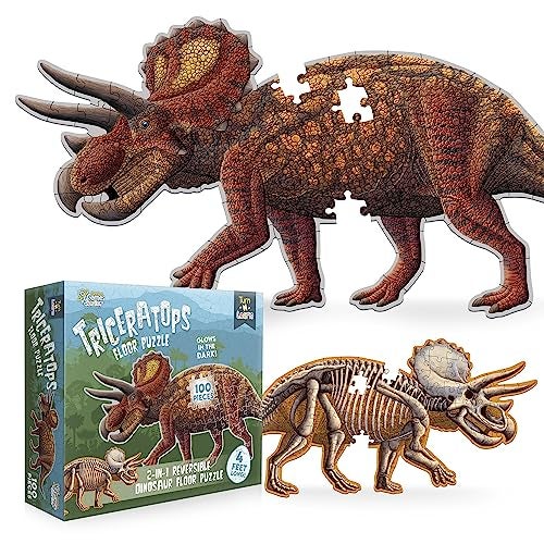 Genius Games Triceratops Dinosaur Jigsaw Puzzle 100Piece Double Sided Floor Puzzle with GlowinTheDark Skeleton On Other Side 4 FT Scientifically Accurate Dino Illustration Educational Toy for Kids - Image 1