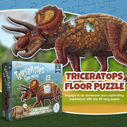 Genius Games Triceratops Dinosaur Jigsaw Puzzle 100Piece Double Sided Floor Puzzle with GlowinTheDark Skeleton On Other Side 4 FT Scientifically Accurate Dino Illustration Educational Toy for Kids - Image 5