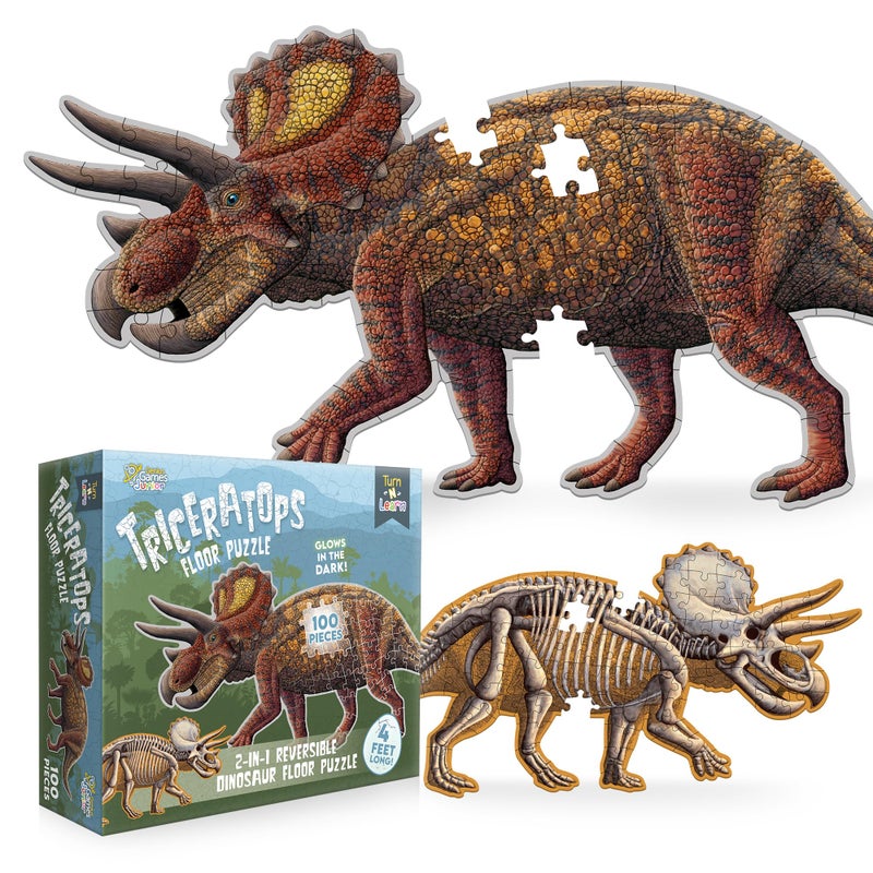 Genius Games Triceratops Dinosaur Jigsaw Puzzle 100Piece Double Sided Floor Puzzle with GlowinTheDark Skeleton On Other Side 4 FT Scientifically Accurate Dino Illustration Educational Toy for Kids - Image 3