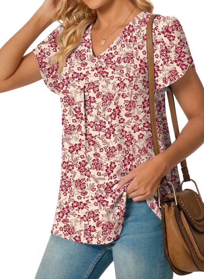 Anyally Women's Plus Size Summer Tunic Tops Dressy Casual Chiffon Blouses Short Sleeve T-Shirts for Leggings, Petal Sleeve/Red Flower White, XL - Image 2