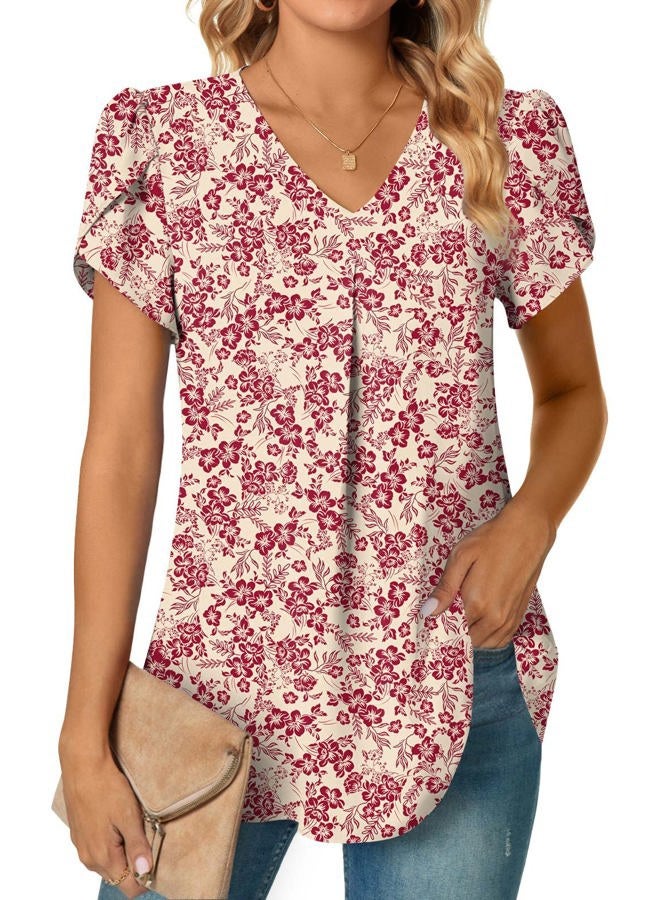 Anyally Women's Plus Size Summer Tunic Tops Dressy Casual Chiffon Blouses Short Sleeve T-Shirts for Leggings, Petal Sleeve/Red Flower White, XL - Image 1