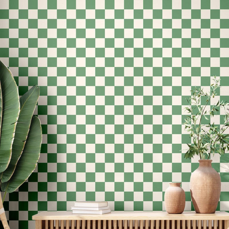 Drydiet Green Checkered Peel and Stick Wallpaper 70s Retro Funky Checkered Contact Paper Geometric Waterproof Wallpaper Neutral Checkerboard Decor for Bathroom Cabinet98 x 1575