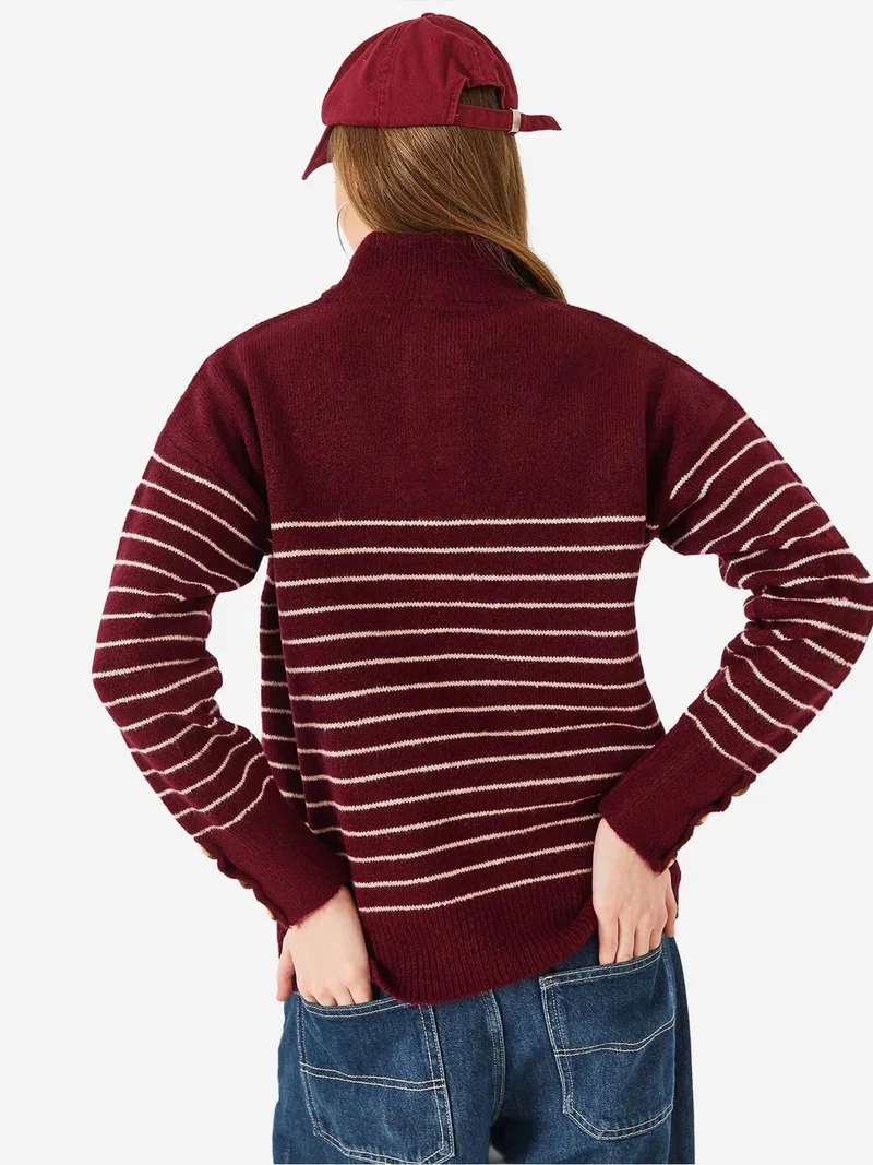 Bianco Lucci LUCCI Button Collar Striped Knit Sweater