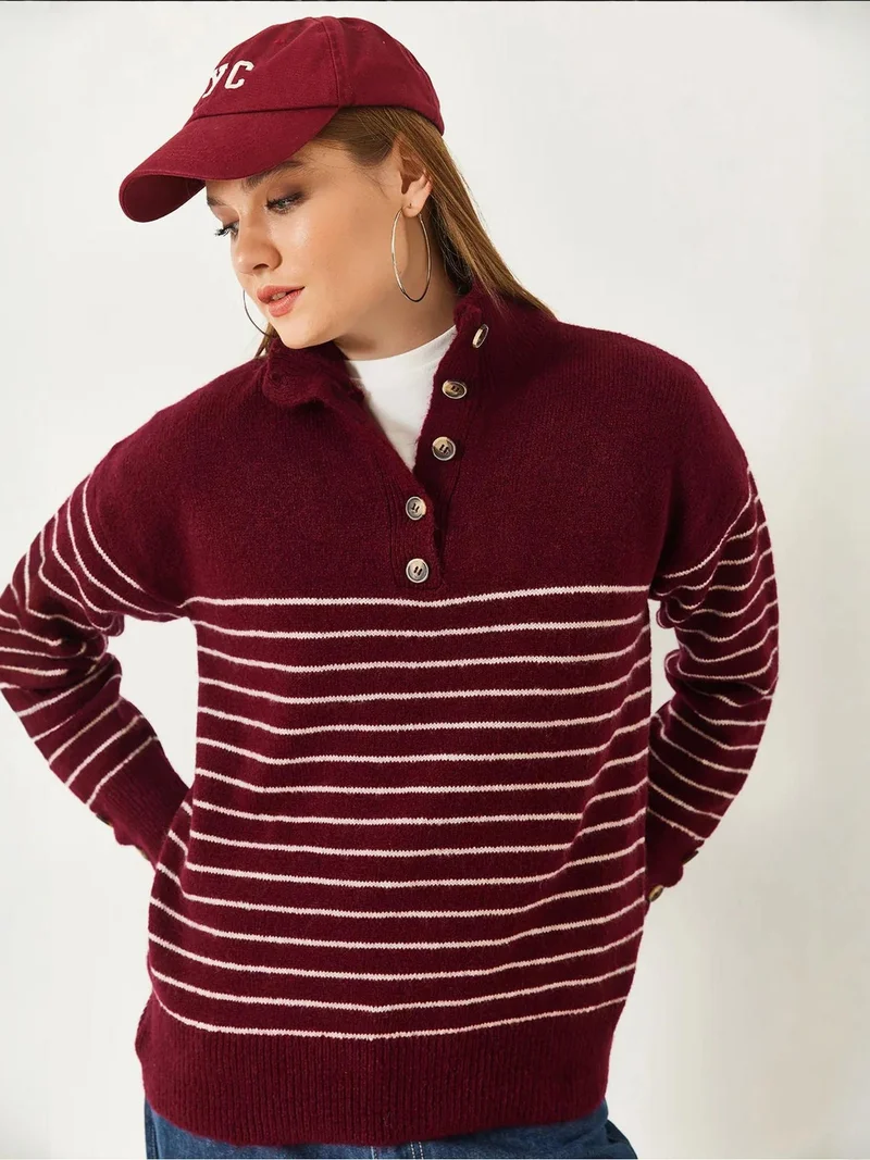 Bianco Lucci LUCCI Button Collar Striped Knit Sweater