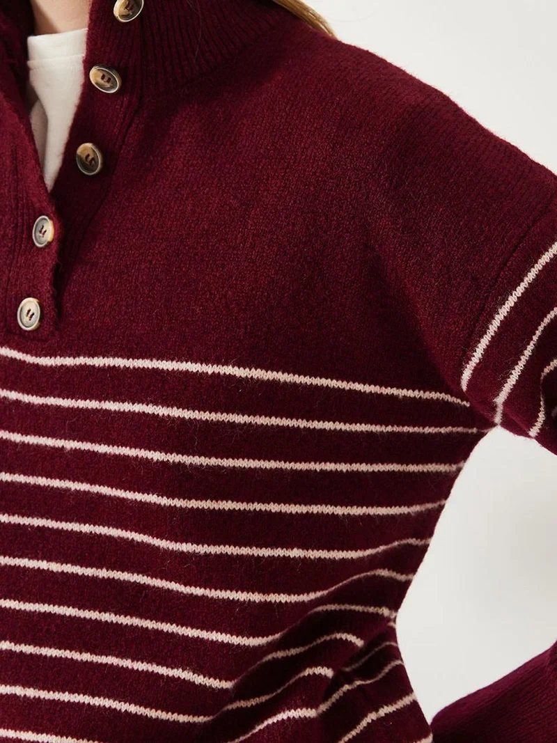 Bianco Lucci LUCCI Button Collar Striped Knit Sweater