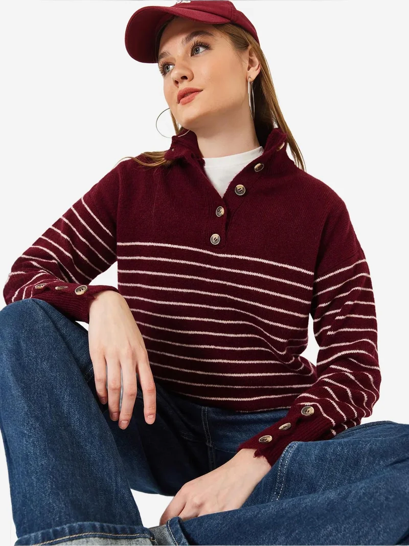 Bianco Lucci LUCCI Button Collar Striped Knit Sweater