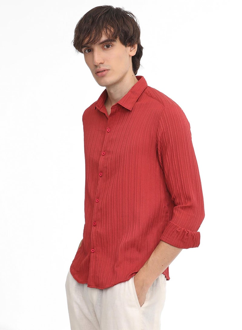 Campus Sutra Men's Cadmium Red Self-Design Striped Shirt - Image 3