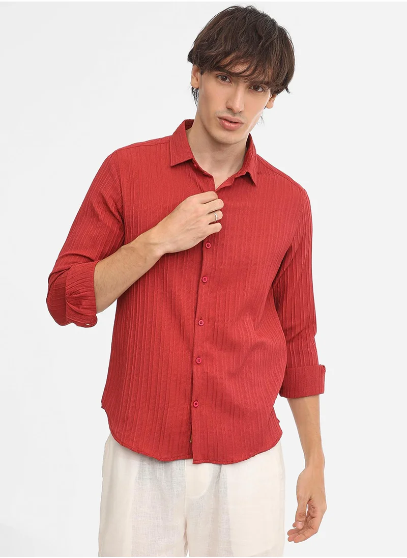 Campus Sutra Men's Cadmium Red Self-Design Striped Shirt
