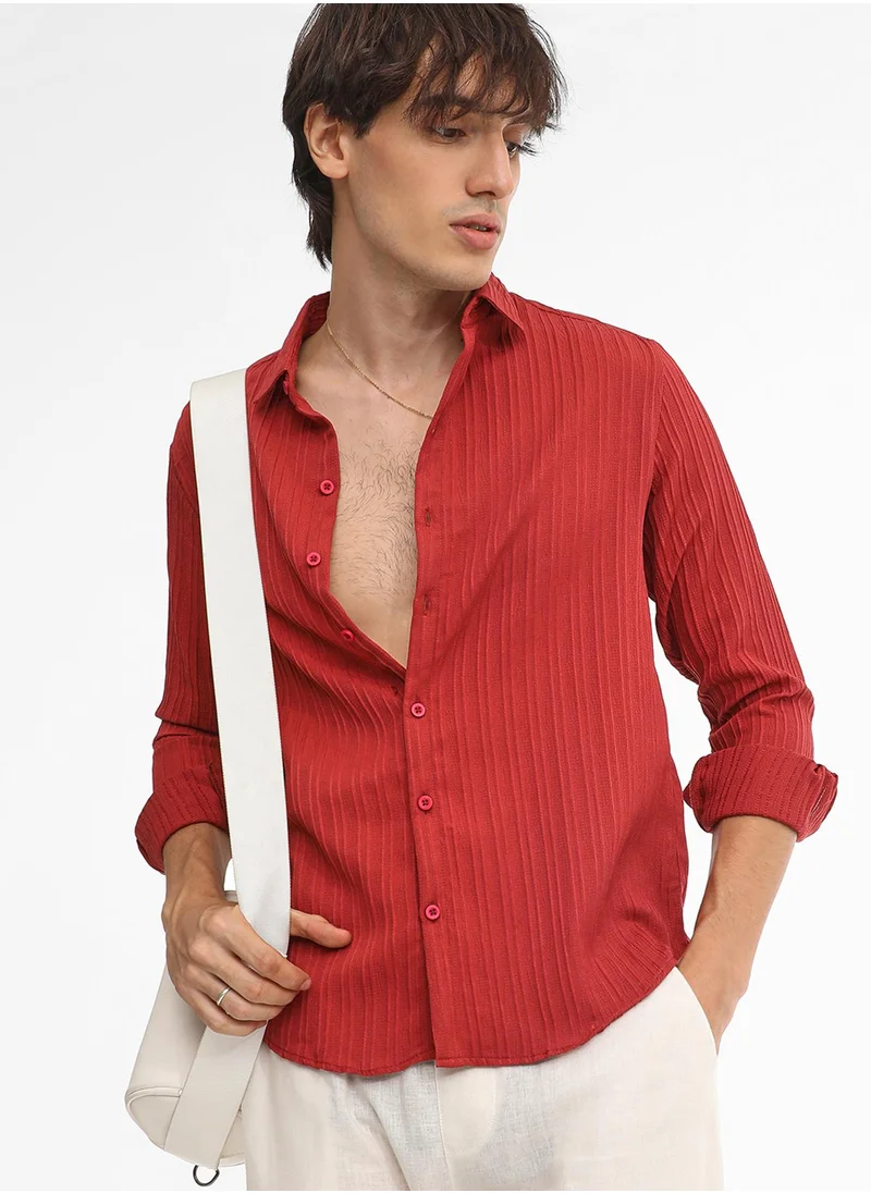 Campus Sutra Men's Cadmium Red Self-Design Striped Shirt