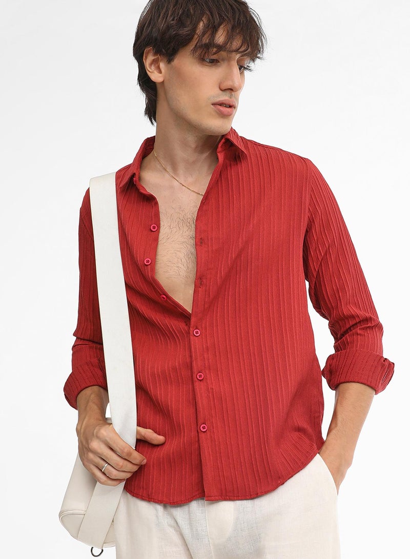 Campus Sutra Men's Cadmium Red Self-Design Striped Shirt - Image 1