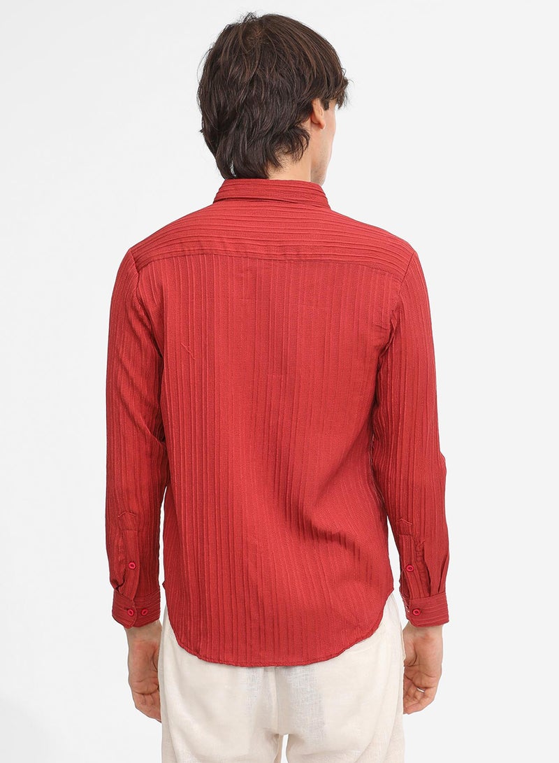 Campus Sutra Men's Cadmium Red Self-Design Striped Shirt - Image 5