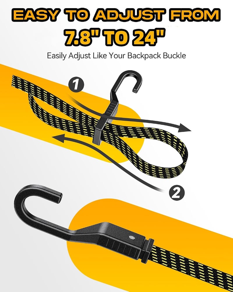 LuckyStraps 6 Pcs 24 Inch Flat Adjustable Bungee Cords with Hooks, 3X Faster to Adjust The Length, Lucky Straps Black/Yellow Heavy Duty Bungee Straps for Cargo, Bike, Cart, Tent, Truck, Camping, Outdoor, etc Global standard processed material - Image 3