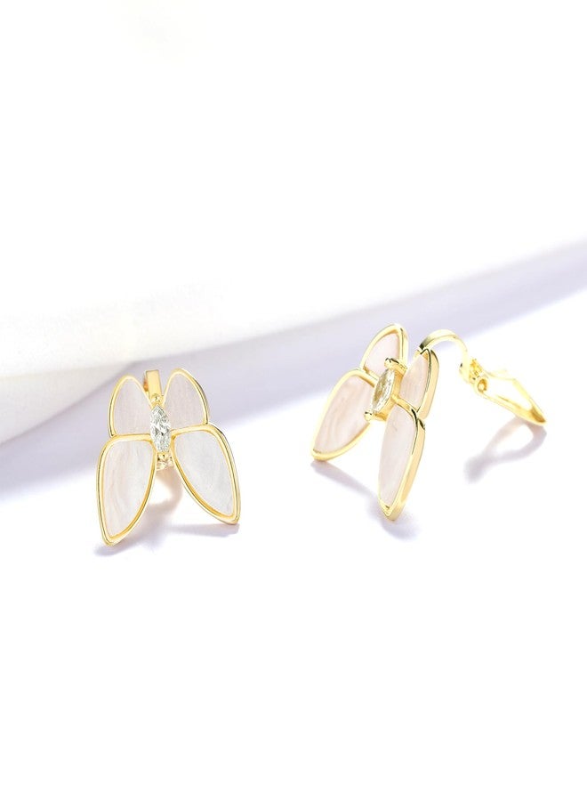 يوكول أقراط YOQUCOL على شكل فراشة، مصنوعة من صدفة بيضاء، بمشبك، بدون ثقب، مرصعة بالذهب للنساء - Image 4