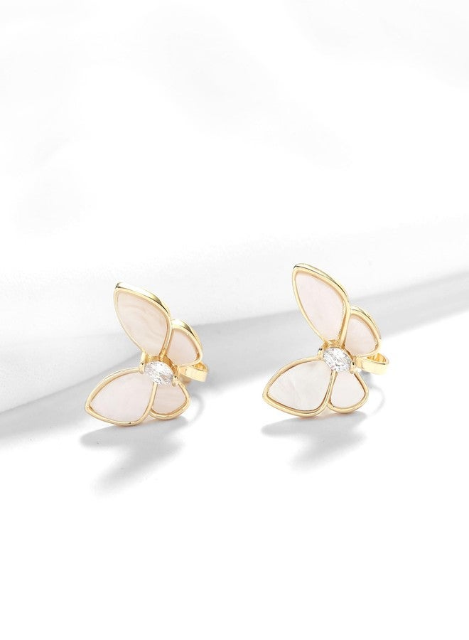 يوكول أقراط YOQUCOL على شكل فراشة، مصنوعة من صدفة بيضاء، بمشبك، بدون ثقب، مرصعة بالذهب للنساء - Image 3