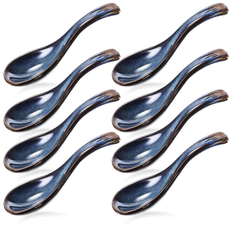 Cididu Set of 8 Asian Soup Spoon Ceramic Blue Chinese Soup Spoons with NonSlip Bottom Retro Porcelain Japanese Pho Spoons for Ramen Wonton Noodle Miso Dumpling Dishwasher Safe 52 L