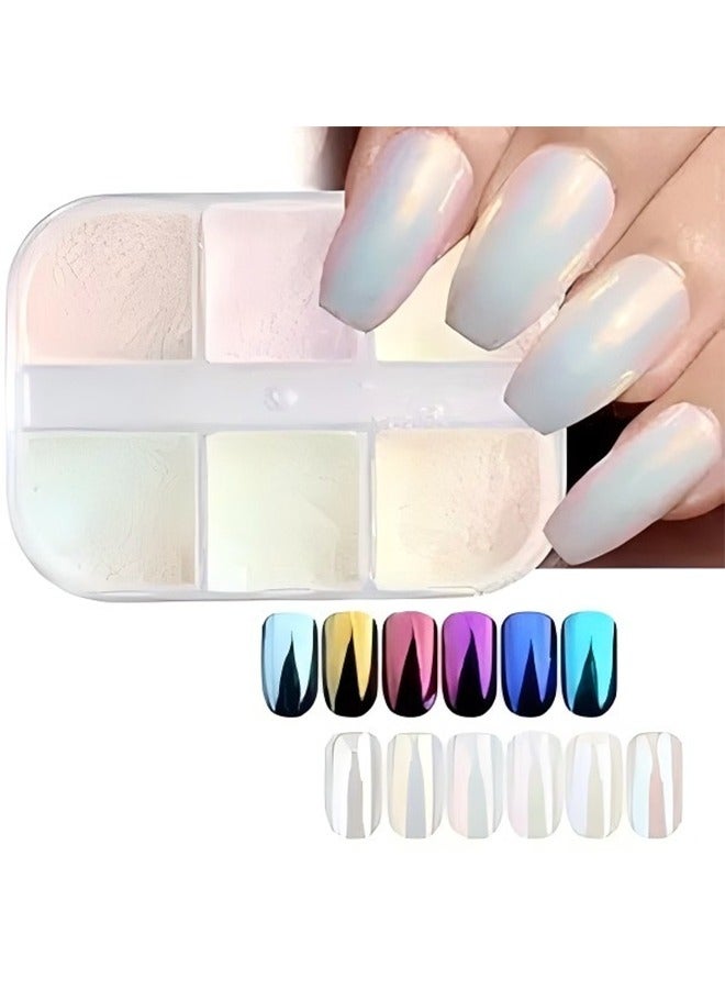 6 Colors Chrome Nail Powder Metallic Mirror Effect Aurora Magic White Pearl Chrome Nail Powder for Nail Art Gel Polish, Mica Powder Rainbow Nail Powder Nail Art Pigment Glitter - Image 1