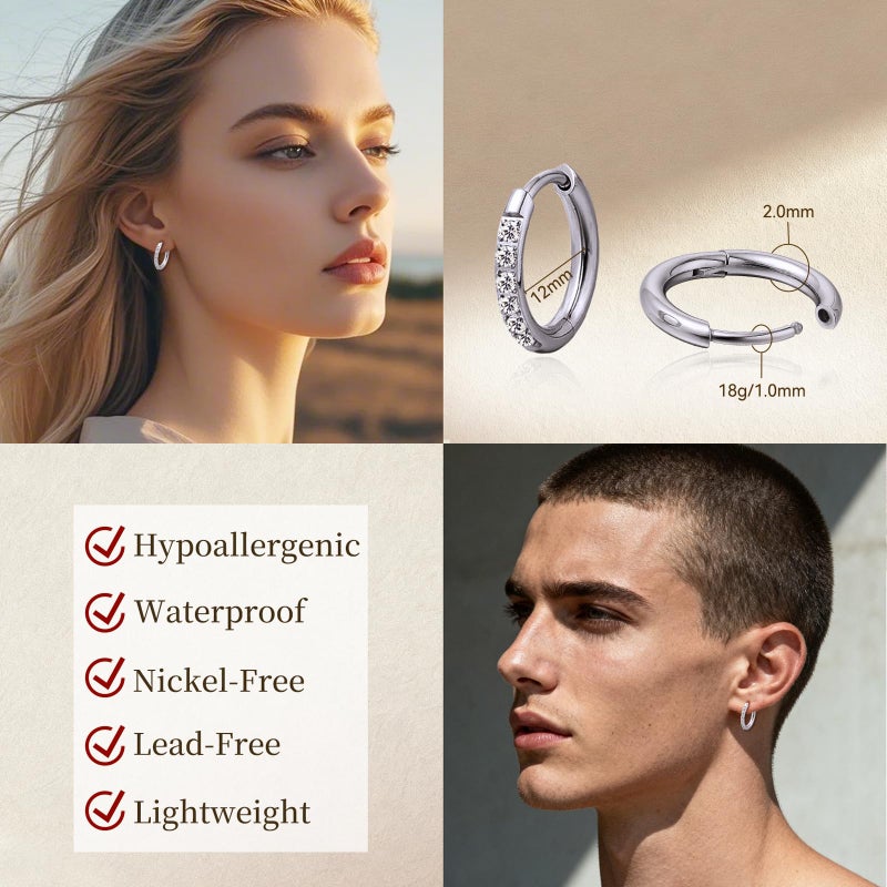 Limerencia G23 Pure Titanium Small Huggie Hoop Earrings,Hypoallergenic 18g Cartilage Hoops Cubic Zirconia Cuff Earrings Piercing Jewelry for Women Sensitive Ears(12mm, White CZ) - Image 3