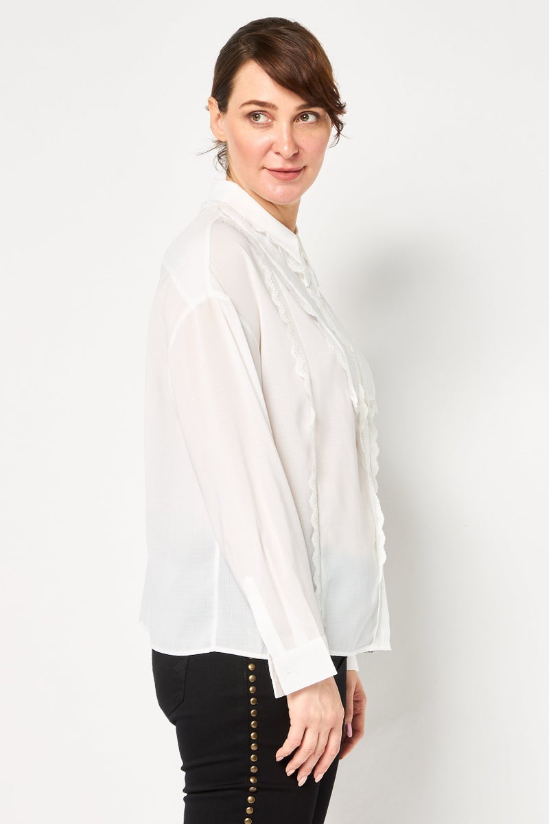 SELECTED Women Spread Collar Long Sleeve Textured Shirt, White - Image 3