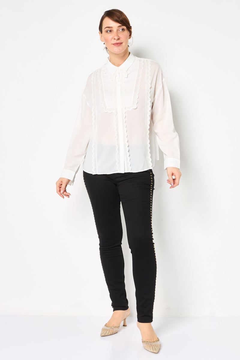 SELECTED Women Spread Collar Long Sleeve Textured Shirt, White - Image 2
