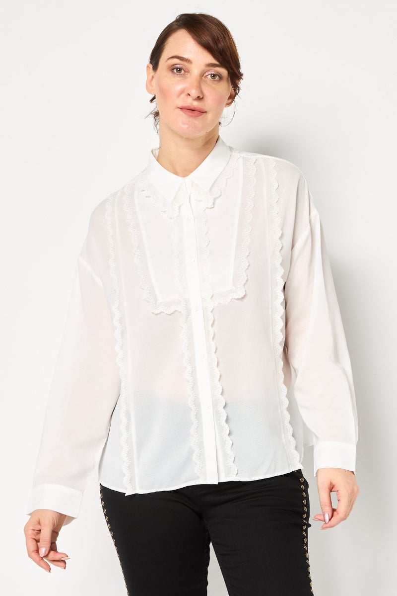 SELECTED Women Spread Collar Long Sleeve Textured Shirt, White - Image 1