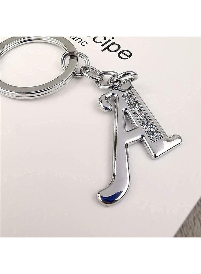 Italics Alphabet Letter Metal Keychains with Crystal Stones for Car Bike Men Women Keyrings, Silver (Italic Letter A)