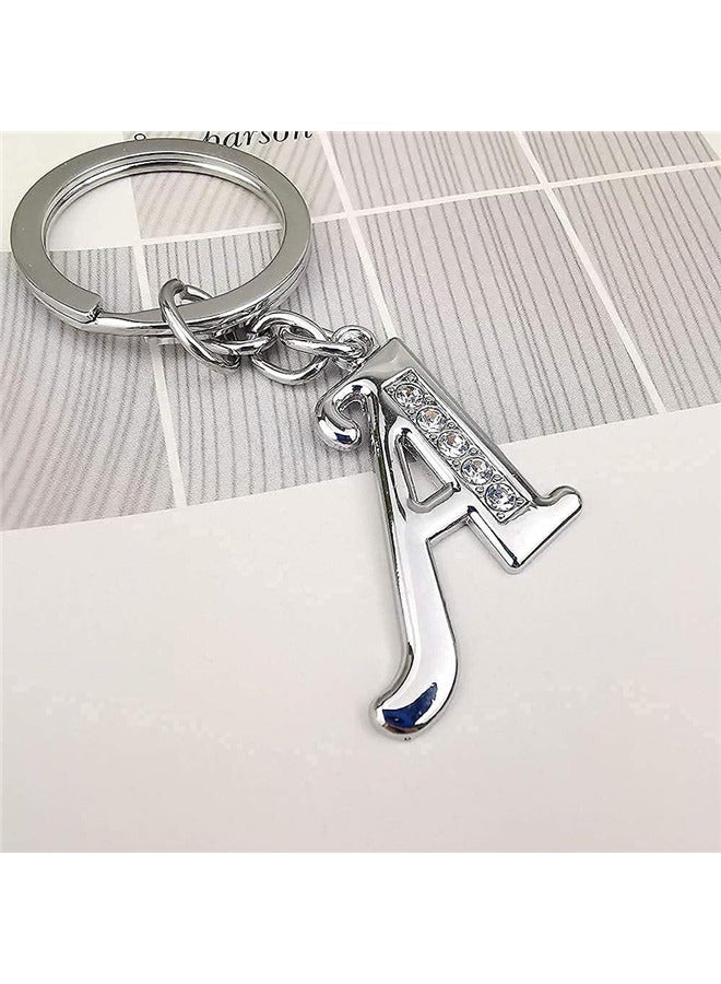 Italics Alphabet Letter Metal Keychains with Crystal Stones for Car Bike Men Women Keyrings, Silver (Italic Letter A)