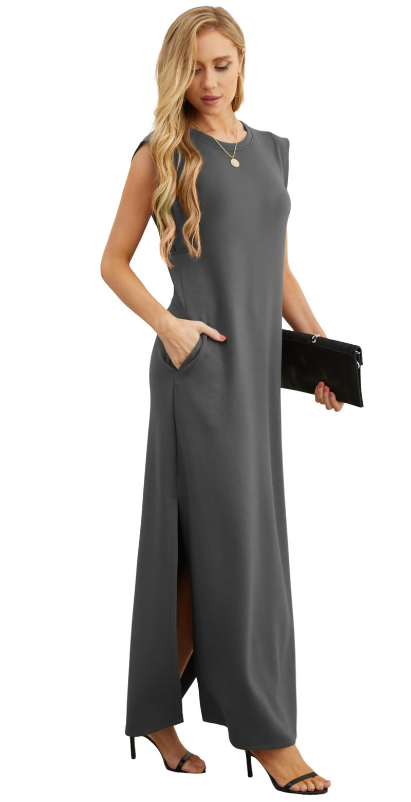 GRECERELLE Women's Summer Crew Neck Loose Split Casual Long Maxi Beach Dress with Pockets (Small, Dark Gray) - Image 5