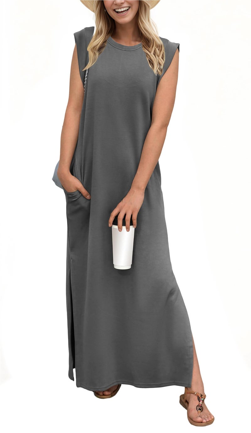 GRECERELLE Women's Summer Crew Neck Loose Split Casual Long Maxi Beach Dress with Pockets (Small, Dark Gray) - Image 1