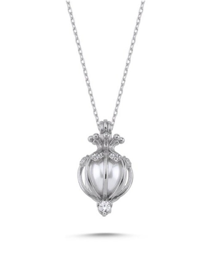 EMNON - 925 Sterling Silver Jewelry Rhodium Plated Pearl in Cage CZ Necklace 100% Precious Metal Gift for Women- Emnon45NE - Image 1