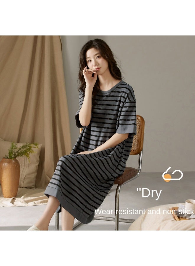 Top melon Summer Loose Sleep Dress】comfortable Short Sleeve Women's Soft Stretch Thin Striped Elegant Loungewear Suitable For Outdoor Wear - Image 2