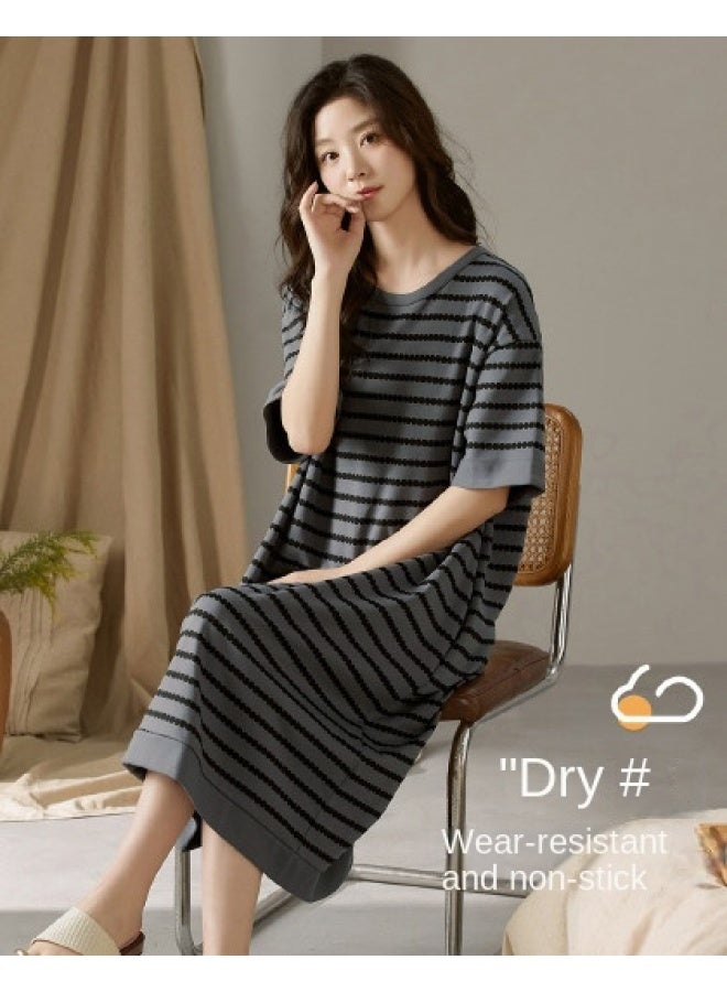 Top melon Summer Loose Sleep Dress】comfortable Short Sleeve Women's Soft Stretch Thin Striped Elegant Loungewear Suitable For Outdoor Wear - Image 1