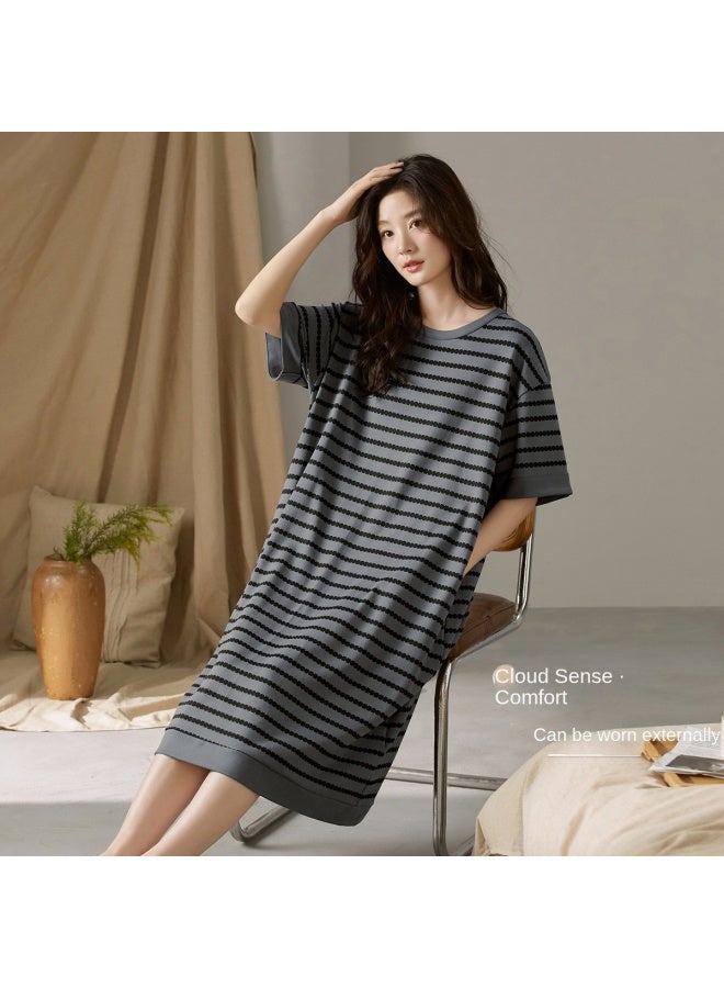 Top melon Summer Loose Sleep Dress】comfortable Short Sleeve Women's Soft Stretch Thin Striped Elegant Loungewear Suitable For Outdoor Wear - Image 4