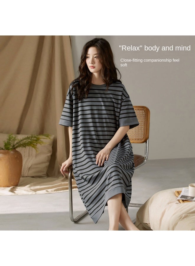 Top melon Summer Loose Sleep Dress】comfortable Short Sleeve Women's Soft Stretch Thin Striped Elegant Loungewear Suitable For Outdoor Wear - Image 3