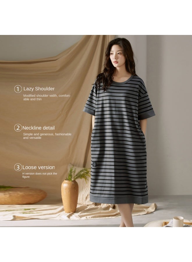 Top melon Summer Loose Sleep Dress】comfortable Short Sleeve Women's Soft Stretch Thin Striped Elegant Loungewear Suitable For Outdoor Wear - Image 5