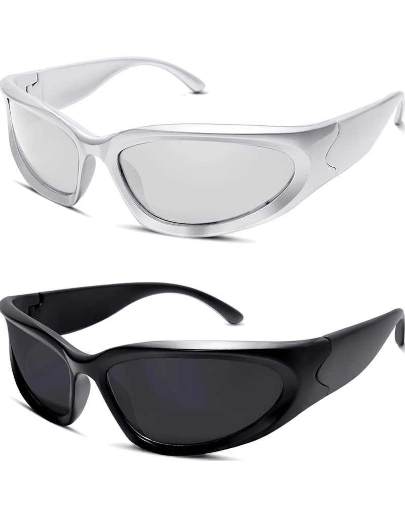 IFLASH Wrap Around Fashion Sunglasses Oval Dark Vintage Sun Glasses for Men Women Outdoor Sport Shades UV400 Eyeglasses (SILVER SILVER & BLACK) - Image 3