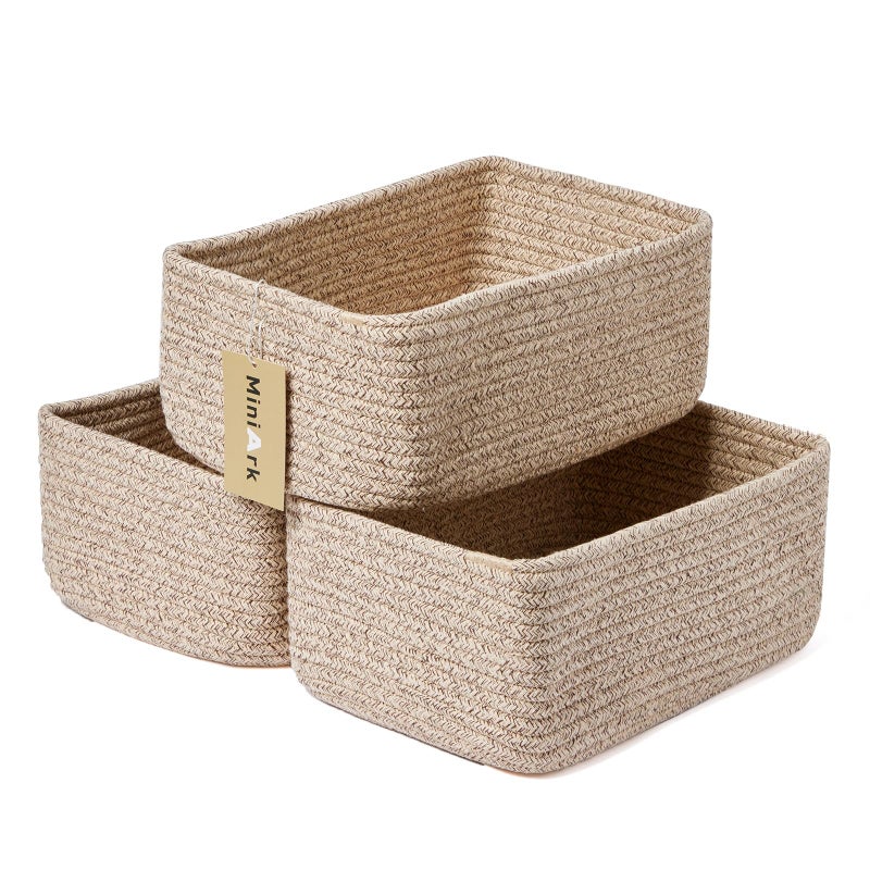 MiniArk Small Storage Baskets for Organizing | Closet Organizer Bins | Shelf Toy Basket | Woven Rope Baskets | Cube Decorative Box | Shallow Basket | L11.5xW7.5xH4.7| Brown - Image 1