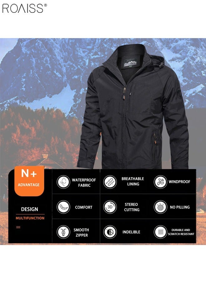 رويس جاكيت رجالي كاجوال مقاوم للماء بسحاب للإغلاق وغطاء للرأس ومقاوم للرياح وجيوب على الجانبين والصدر فضفاض مبطن قابل للتنفس بلون سادة متعدد الاستخدامات كاجوال بغطاء للرأس وأزياء يومية كاجوال للرجال باللون الأسود - Image 2