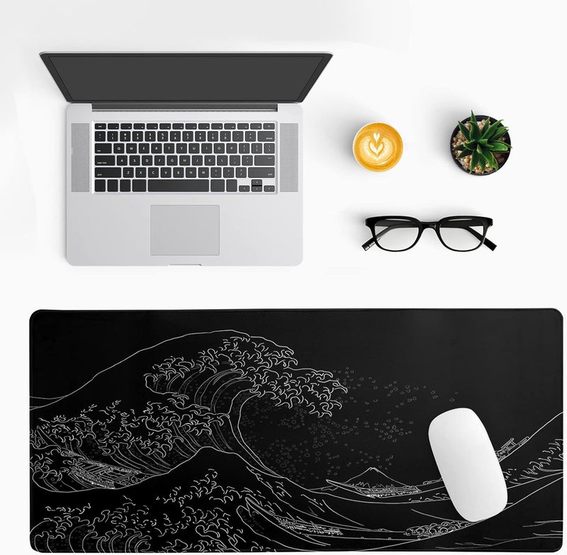 Brecoy Japanese Sea Wave Large Mouse Pad, Anime Black Gaming Mouse Pad Extended Kanagawa Mouse Mat Desk Pad, 3mm Thick Long Non-Slip Rubber Base Mice Pad, 31.5 X 11.8 Inch - Image 3