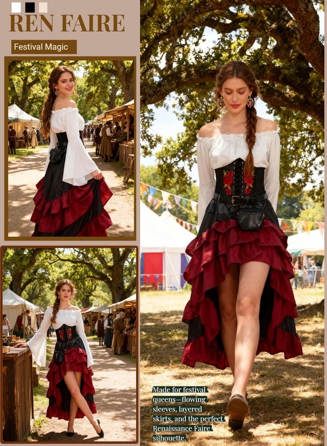 Verceco Pirate Costume Women Outfit with Renaissance Pirate Shirt Skirt Corset Waist Belt Womens Halloween Pirate Costumes (White+Red, S) - Image 5