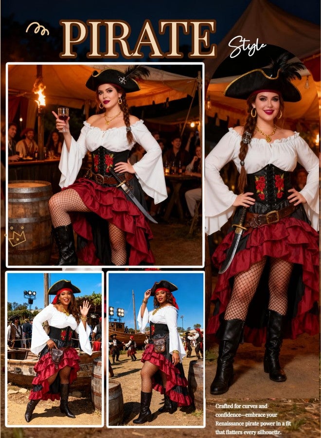 Verceco Pirate Costume Women Outfit with Renaissance Pirate Shirt Skirt Corset Waist Belt Womens Halloween Pirate Costumes (White+Red, S) - Image 3