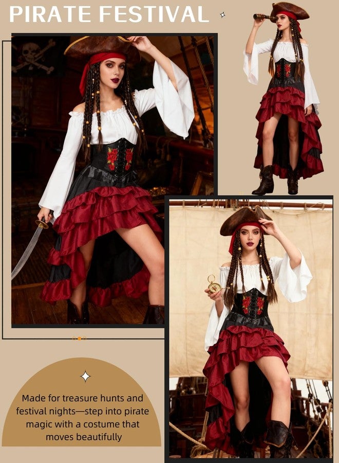 Verceco Pirate Costume Women Outfit with Renaissance Pirate Shirt Skirt Corset Waist Belt Womens Halloween Pirate Costumes (White+Red, S) - Image 2