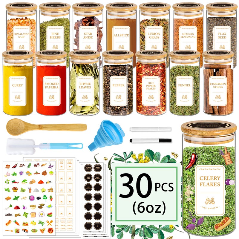 BGraceyy Spice Jars with Labels, 30Pcs 6oz Glass Spice Jars with Bamboo Lids, Minimalist Stackable Airtight Spice Containers with 426 labels for Kitchen Seasoning, Tea, Herbs, Coffee, Sugar,Shells - Image 1