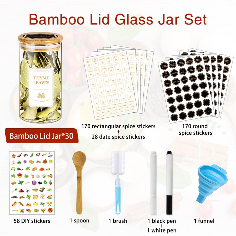 BGraceyy Spice Jars with Labels, 30Pcs 6oz Glass Spice Jars with Bamboo Lids, Minimalist Stackable Airtight Spice Containers with 426 labels for Kitchen Seasoning, Tea, Herbs, Coffee, Sugar,Shells - Image 3