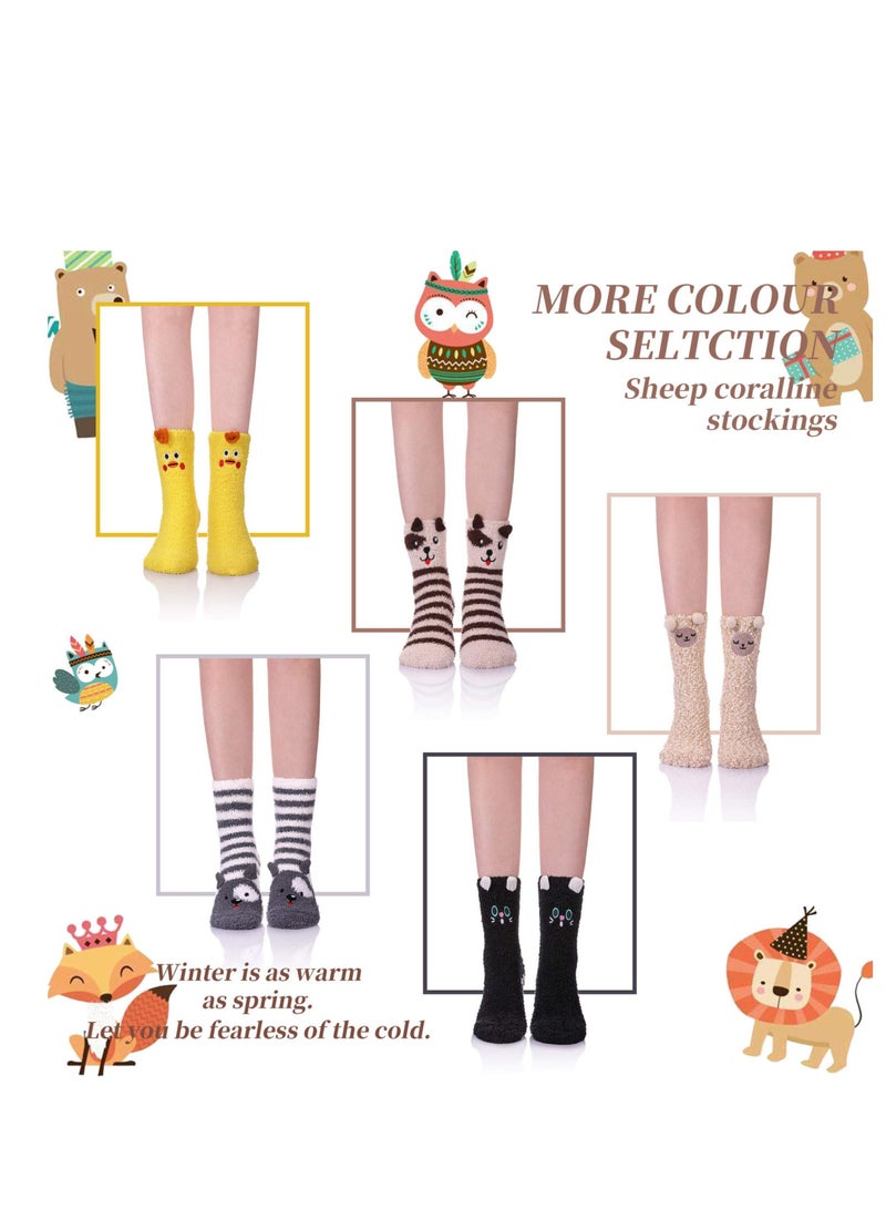 Women's Fuzzy Socks 5 Pairs Winter Warm Fluffy Soft Slipper Home Sleeping Cute Animal - Image 5