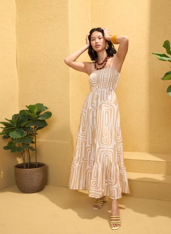 SASSAFRAS Sassafras Beige Smocked Strappy Maxi Dress