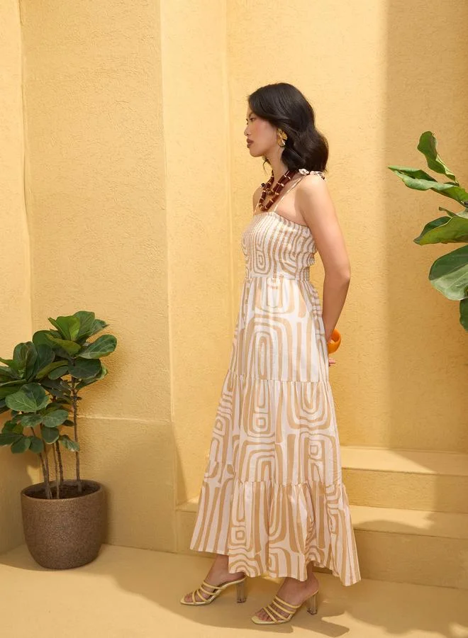 SASSAFRAS Sassafras Beige Smocked Strappy Maxi Dress