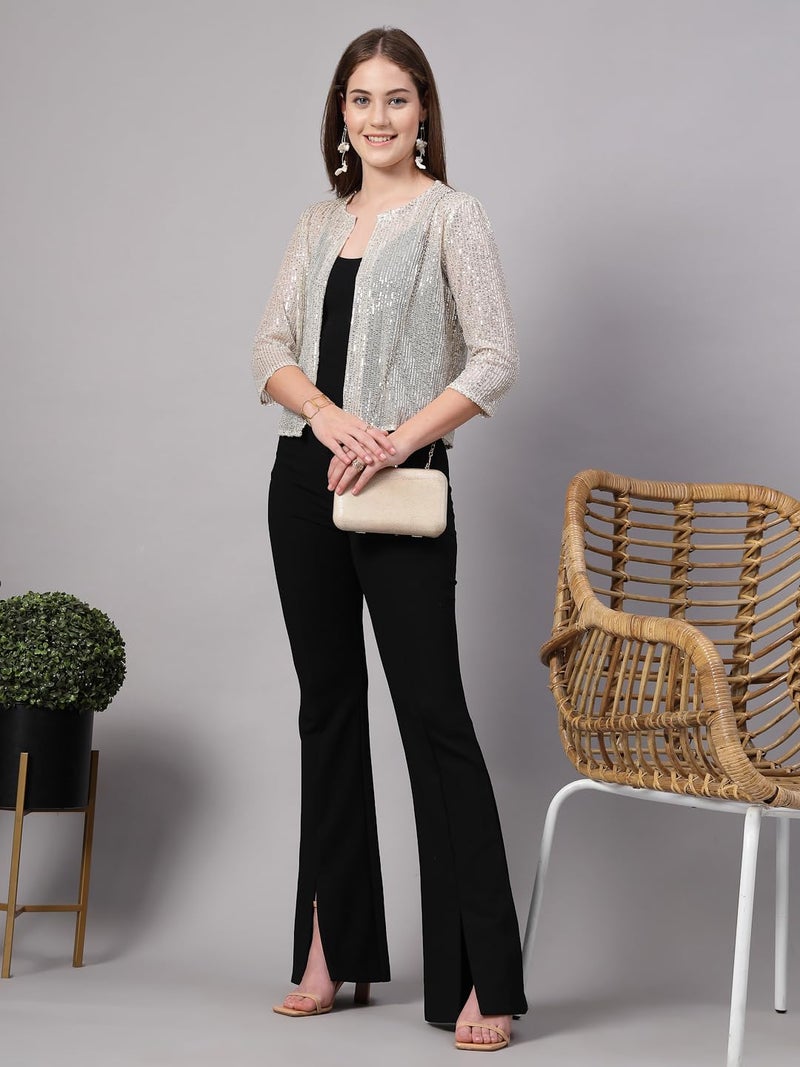Style Quotient Women Silver Beige Sequins Shrug - Image 5