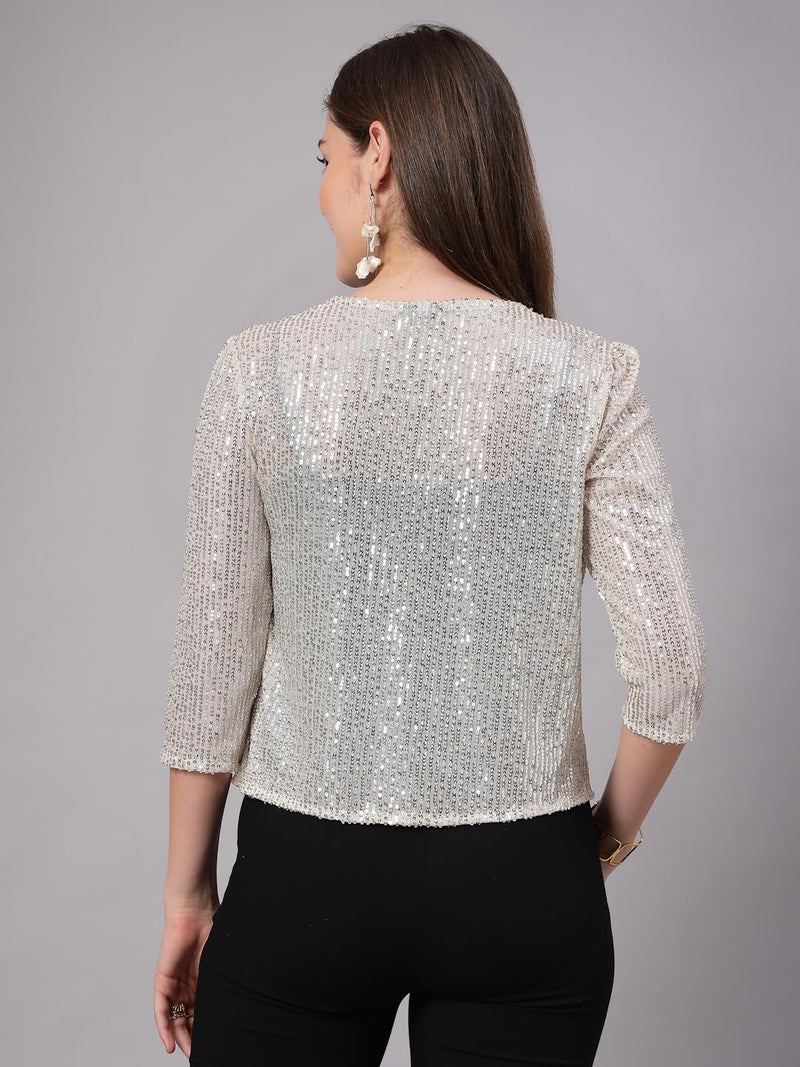 Style Quotient Women Silver Beige Sequins Shrug - Image 4