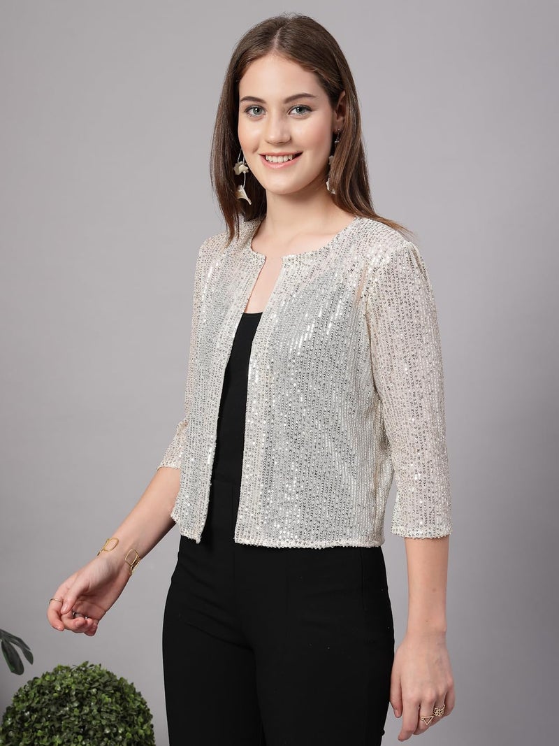 Style Quotient Women Silver Beige Sequins Shrug - Image 3