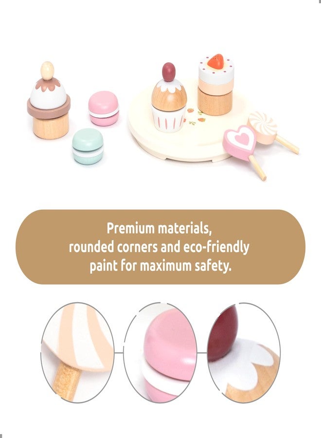 UMU® Wooden Dessert Playset - Pretend Play Kitchen Toy with Stand, Cupcakes, Donuts, Macarons, Candy & More - Wooden Play Food Set for Kids Ages 3 4 5 6 - Image 2